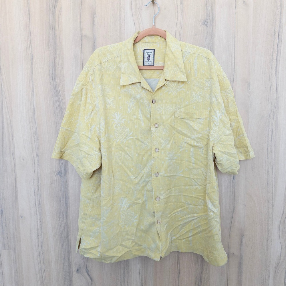 Mens 100%‎ Silk Button Down Shirt XXL Yellow Pineapple Tropical Resort Vacation